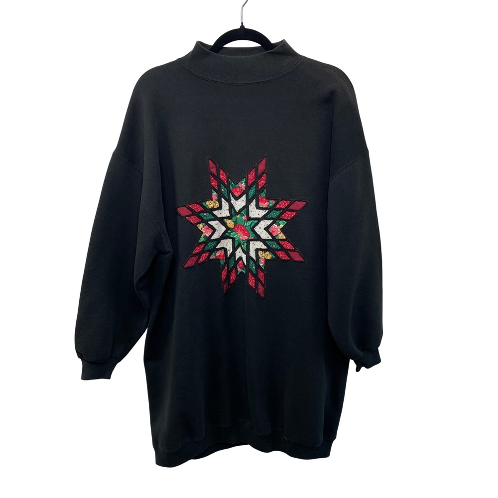 Vtg Black Quilted Patchwork Mock Neck Star Oversized Sweatshirt Tunic L/XL USA